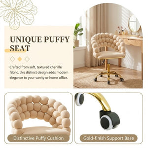 English Elm Velvet Bubble Back Swivel Vanity Chair with Gold Base for Glam Bedroom Dressing Beige W3875P457576