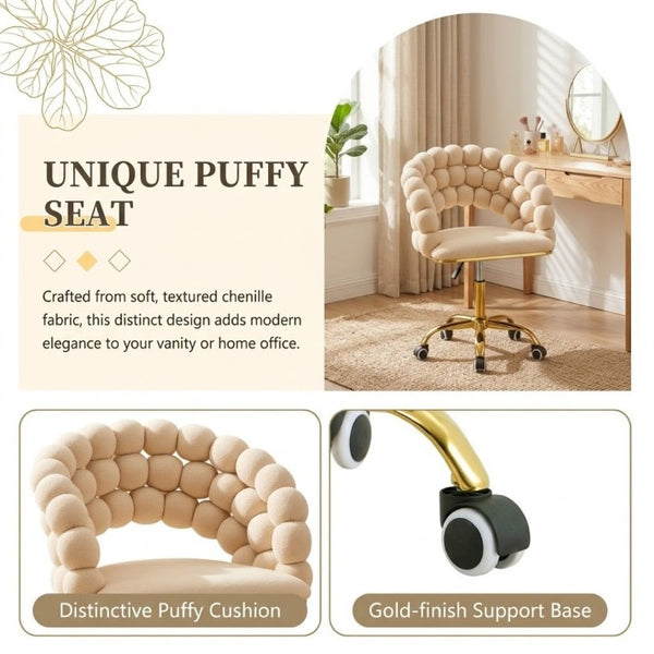 English Elm Velvet Bubble Back Swivel Vanity Chair with Gold Base for Glam Bedroom Dressing Beige W3875P457576