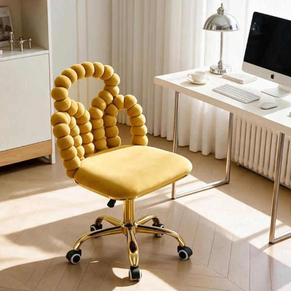 English Elm Yellow Velvet Swivel Task Chair Sculptural Bubble Ring Back with Gold Base W3875P457580