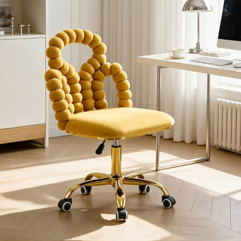 English Elm Yellow Velvet Swivel Task Chair Sculptural Bubble Ring Back with Gold Base W3875P457580