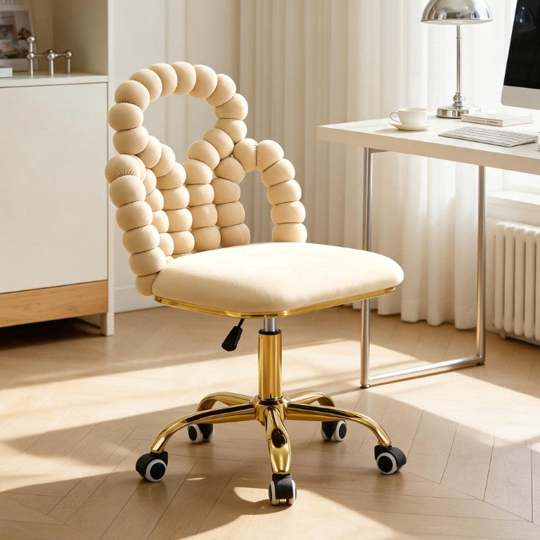 English Elm Beige Velvet Bubble Back Swivel Chair with Gold Base for Glam Home Office W3875P457581