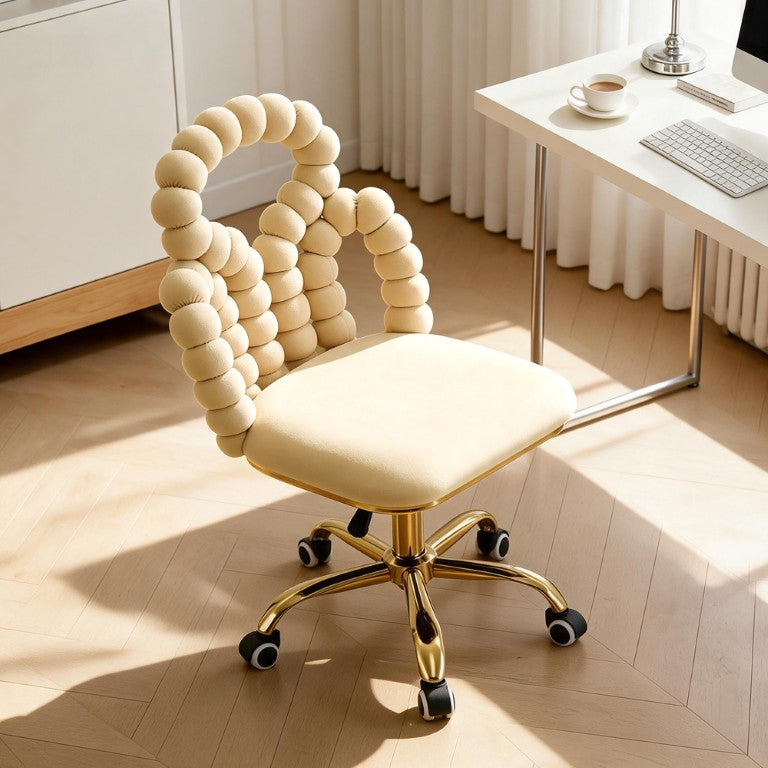 English Elm Beige Velvet Bubble Back Swivel Chair with Gold Base for Glam Home Office W3875P457581
