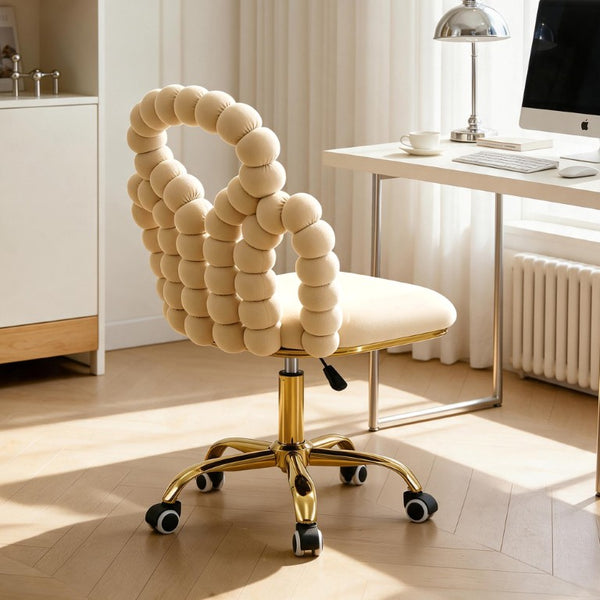 English Elm Beige Velvet Bubble Back Swivel Chair with Gold Base for Glam Home Office W3875P457581