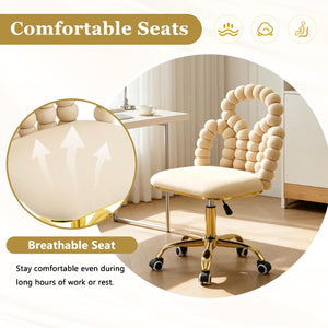 English Elm Beige Velvet Bubble Back Swivel Chair with Gold Base for Glam Home Office W3875P457581