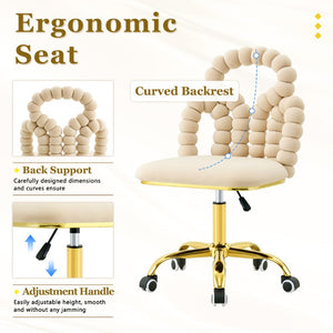 English Elm Beige Velvet Bubble Back Swivel Chair with Gold Base for Glam Home Office W3875P457581