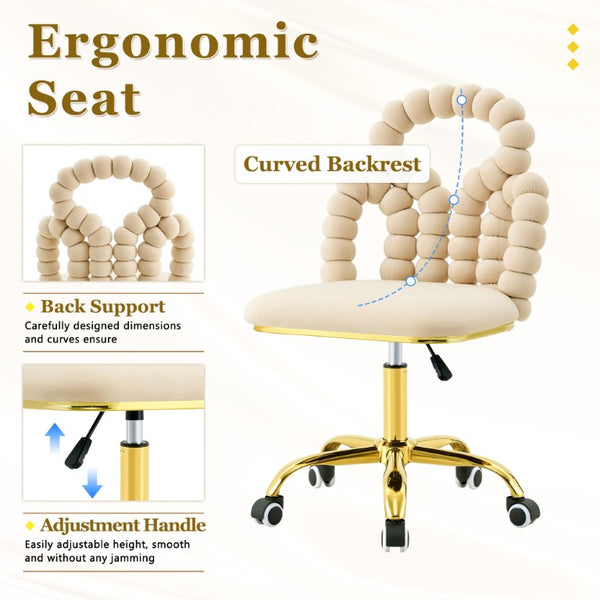 English Elm Beige Velvet Bubble Back Swivel Chair with Gold Base for Glam Home Office W3875P457581