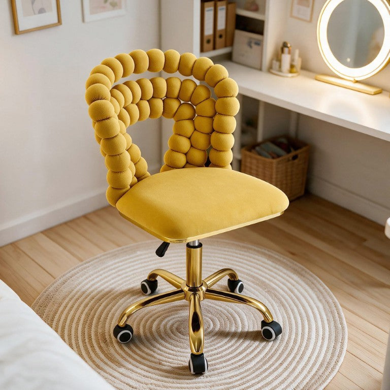English Elm Yellow Velvet Swivel Vanity Chair with Sculptural Bubble Back and Gold Base W3875P457582