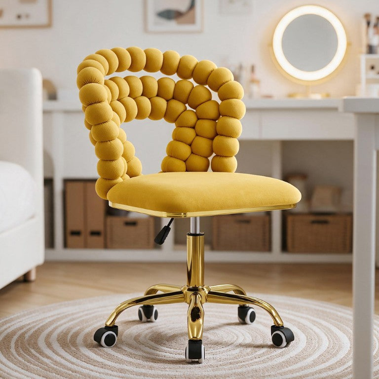 English Elm Yellow Velvet Swivel Vanity Chair with Sculptural Bubble Back and Gold Base W3875P457582