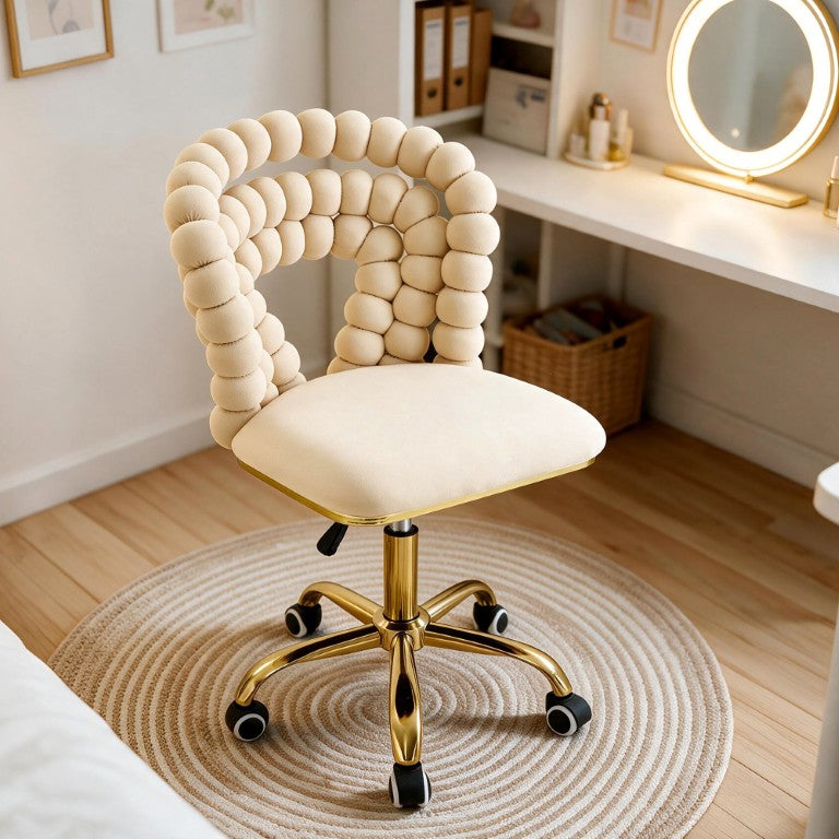 English Elm Cream Velvet Bubble Ring Swivel Chair Gold Base Glam Vanity or Office Seating W3875P457583
