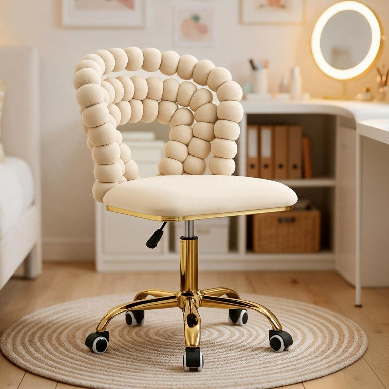 English Elm Cream Velvet Bubble Ring Swivel Chair Gold Base Glam Vanity or Office Seating W3875P457583