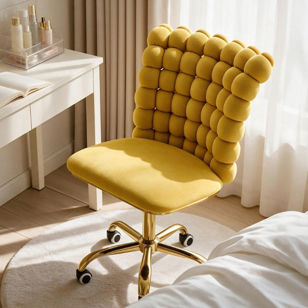 English Elm Yellow Velvet Swivel Vanity Chair Bubble Grid Back Gold Base Adjustable Seat W3875P457584