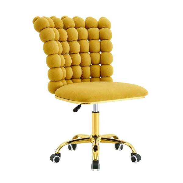 English Elm Yellow Velvet Swivel Vanity Chair Bubble Grid Back Gold Base Adjustable Seat W3875P457584