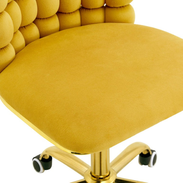 English Elm Yellow Velvet Swivel Vanity Chair Bubble Grid Back Gold Base Adjustable Seat W3875P457584