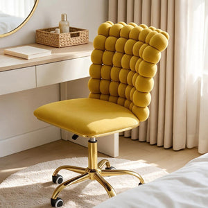 English Elm Yellow Velvet Swivel Vanity Chair Bubble Grid Back Gold Base Adjustable Seat W3875P457584
