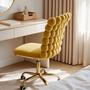 English Elm Yellow Velvet Swivel Vanity Chair Bubble Grid Back Gold Base Adjustable Seat W3875P457584