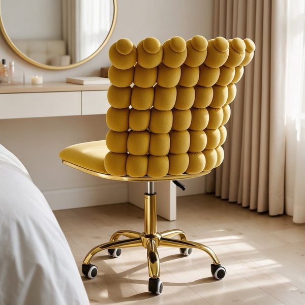 English Elm Yellow Velvet Swivel Vanity Chair Bubble Grid Back Gold Base Adjustable Seat W3875P457584