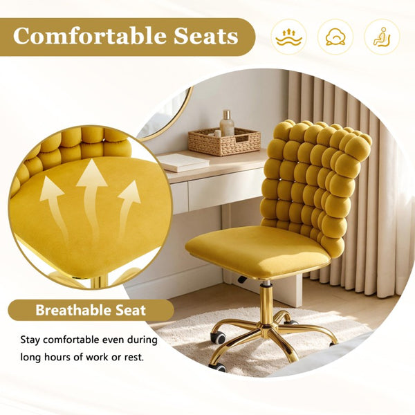English Elm Yellow Velvet Swivel Vanity Chair Bubble Grid Back Gold Base Adjustable Seat W3875P457584