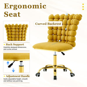 English Elm Yellow Velvet Swivel Vanity Chair Bubble Grid Back Gold Base Adjustable Seat W3875P457584
