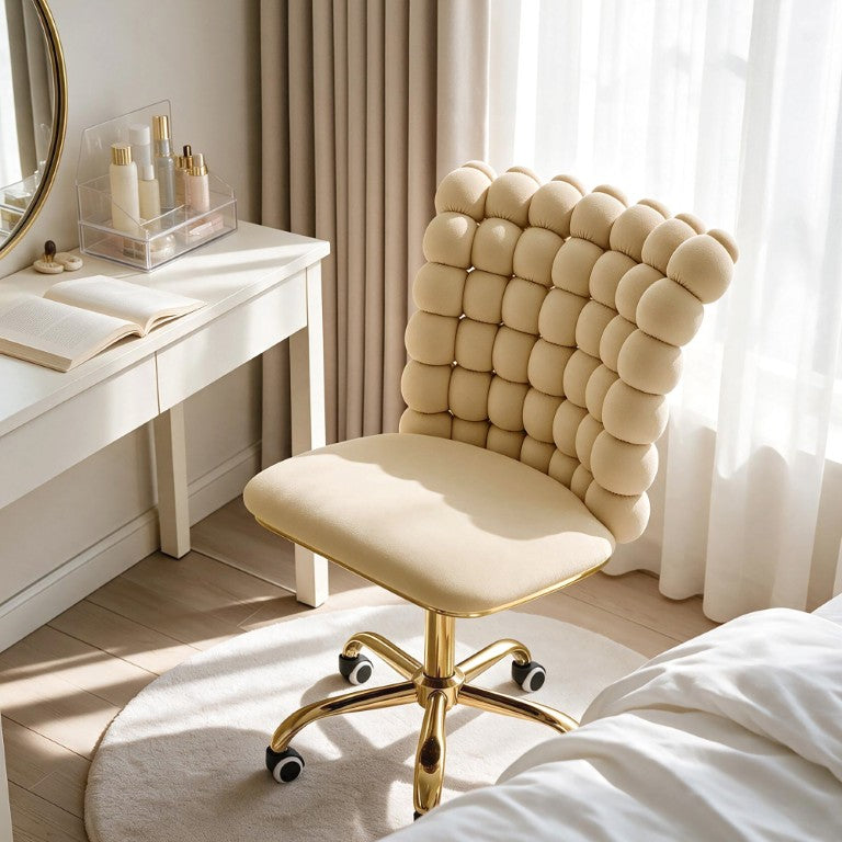 English Elm Beige Velvet Swivel Vanity Chair with Grid Tufted Back and Glam Gold Metal Base W3875P457585