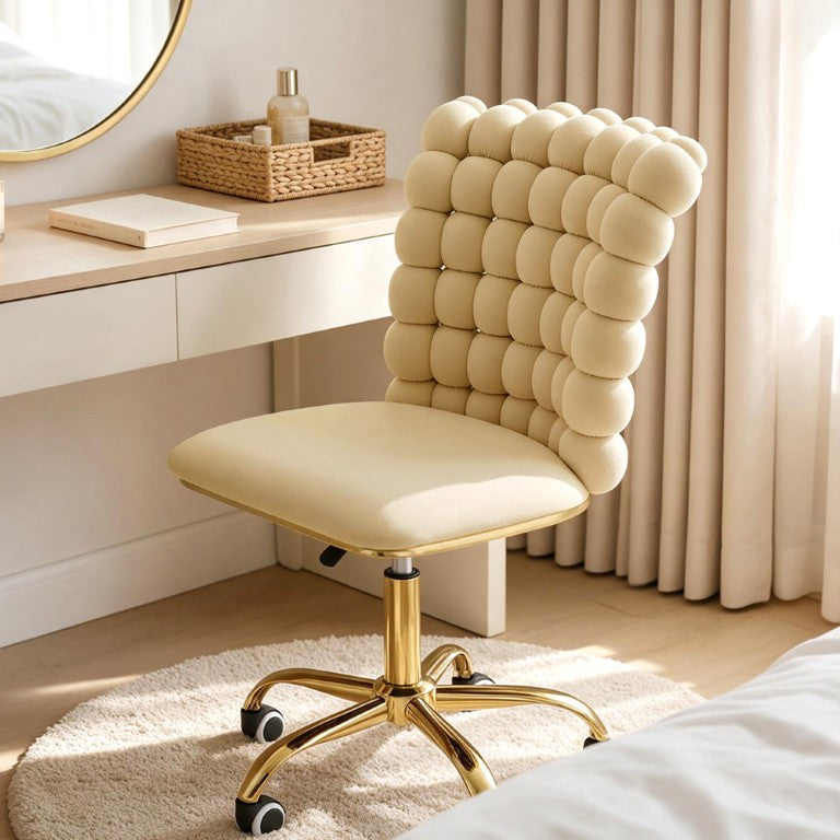 English Elm Beige Velvet Swivel Vanity Chair with Grid Tufted Back and Glam Gold Metal Base W3875P457585