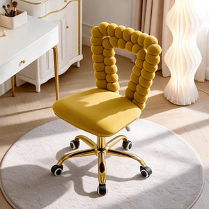 English Elm Yellow Velvet Swivel Vanity Chair Bubble Tufted Back Gold Base Adjustable Height W3875P457586