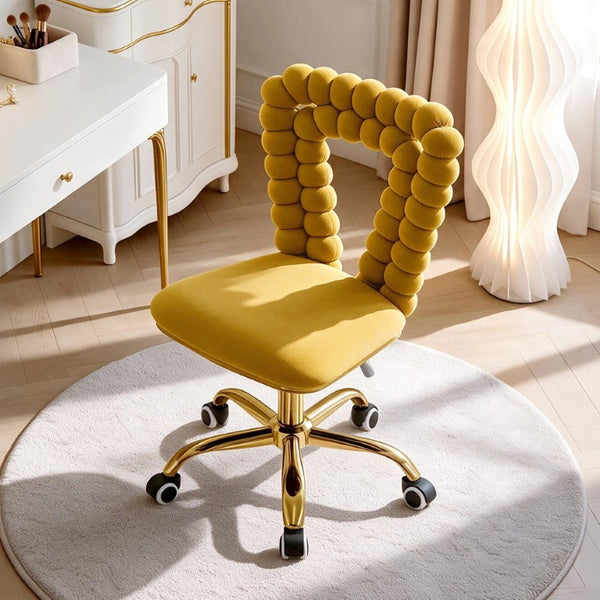 English Elm Yellow Velvet Swivel Vanity Chair Bubble Tufted Back Gold Base Adjustable Height W3875P457586