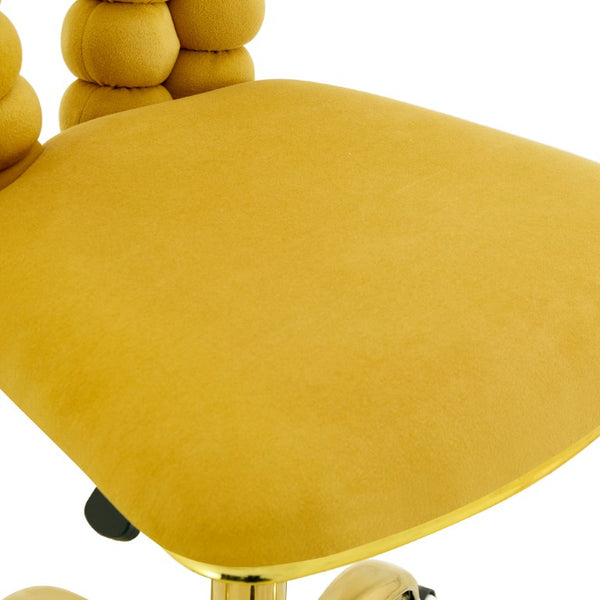 English Elm Yellow Velvet Swivel Vanity Chair Bubble Tufted Back Gold Base Adjustable Height W3875P457586
