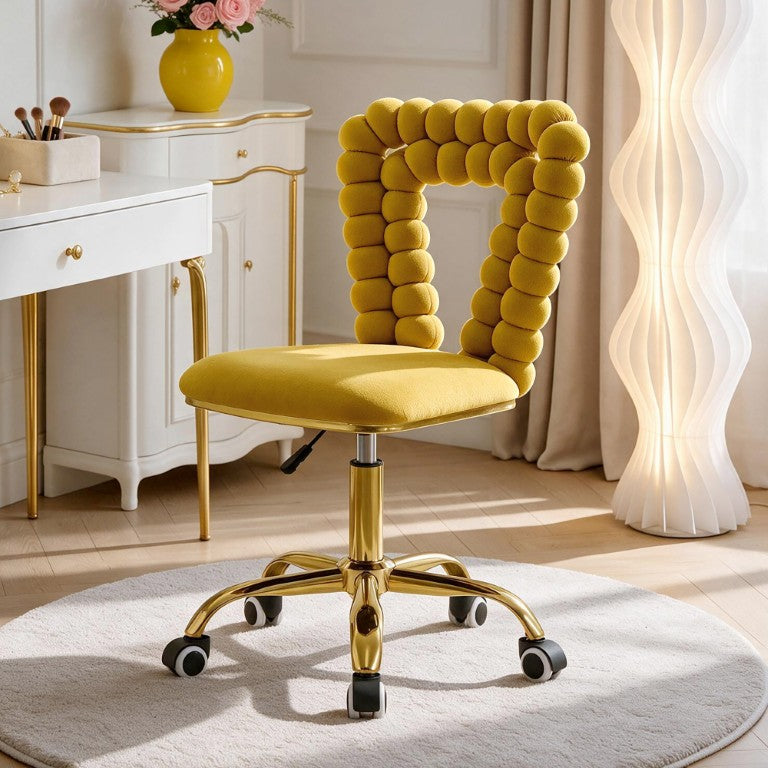 English Elm Yellow Velvet Swivel Vanity Chair Bubble Tufted Back Gold Base Adjustable Height W3875P457586