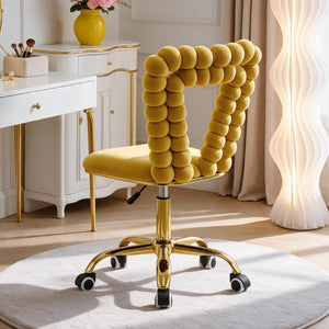 English Elm Yellow Velvet Swivel Vanity Chair Bubble Tufted Back Gold Base Adjustable Height W3875P457586