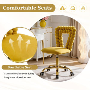 English Elm Yellow Velvet Swivel Vanity Chair Bubble Tufted Back Gold Base Adjustable Height W3875P457586