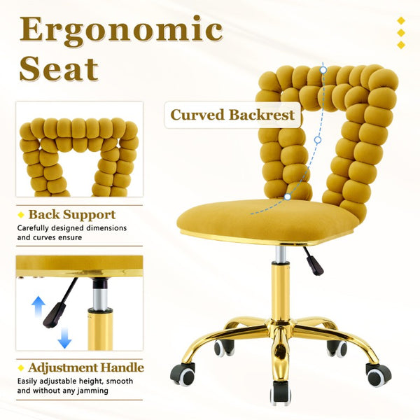 English Elm Yellow Velvet Swivel Vanity Chair Bubble Tufted Back Gold Base Adjustable Height W3875P457586