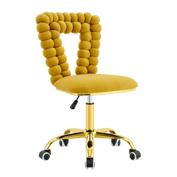 English Elm Yellow Velvet Swivel Vanity Chair Bubble Tufted Back Gold Base Adjustable Height W3875P457586