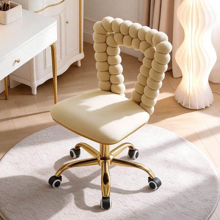 English Elm Beige Velvet Swivel Vanity Chair Bubble Cushion Back with Adjustable Gold Base W3875P457587