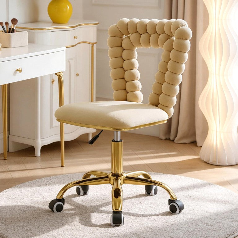 English Elm Beige Velvet Swivel Vanity Chair Bubble Cushion Back with Adjustable Gold Base W3875P457587