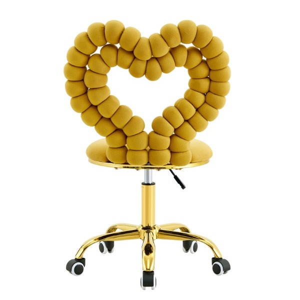 English Elm Yellow Velvet Swivel Vanity Chair Heart Bubble Back Glam Gold Base Dressing Room W3875P457588