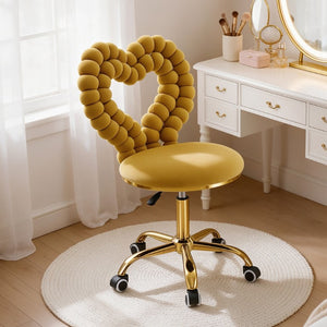 English Elm Yellow Velvet Swivel Vanity Chair Heart Bubble Back Glam Gold Base Dressing Room W3875P457588