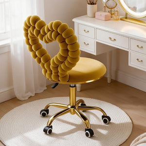 English Elm Yellow Velvet Swivel Vanity Chair Heart Bubble Back Glam Gold Base Dressing Room W3875P457588