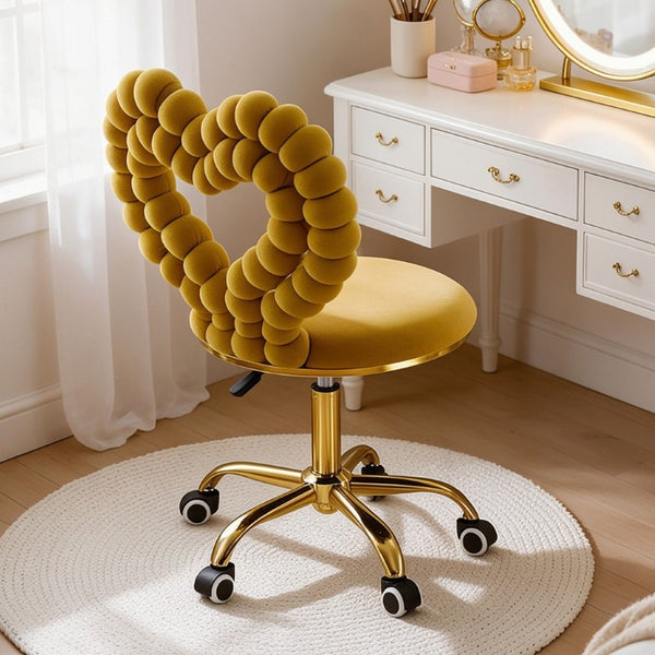 English Elm Yellow Velvet Swivel Vanity Chair Heart Bubble Back Glam Gold Base Dressing Room W3875P457588