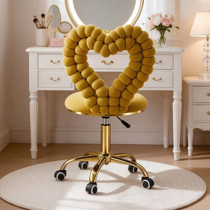 English Elm Yellow Velvet Swivel Vanity Chair Heart Bubble Back Glam Gold Base Dressing Room W3875P457588