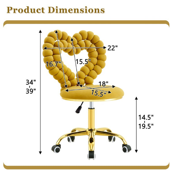 English Elm Yellow Velvet Swivel Vanity Chair Heart Bubble Back Glam Gold Base Dressing Room W3875P457588