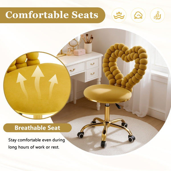 English Elm Yellow Velvet Swivel Vanity Chair Heart Bubble Back Glam Gold Base Dressing Room W3875P457588