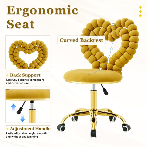 English Elm Yellow Velvet Swivel Vanity Chair Heart Bubble Back Glam Gold Base Dressing Room W3875P457588