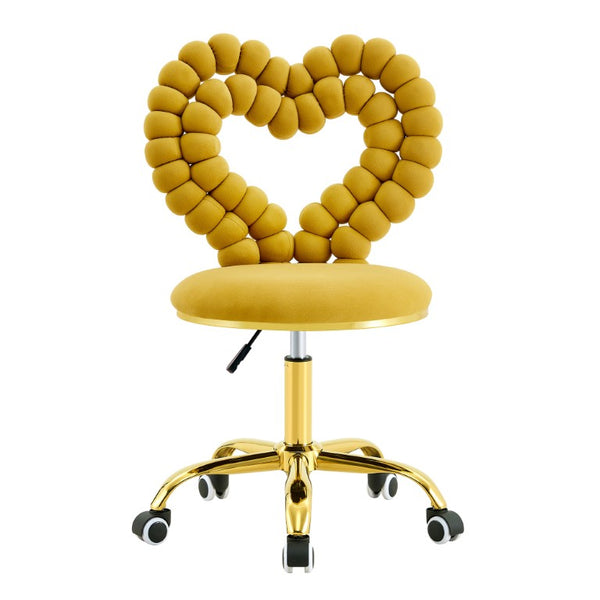 English Elm Yellow Velvet Swivel Vanity Chair Heart Bubble Back Glam Gold Base Dressing Room W3875P457588