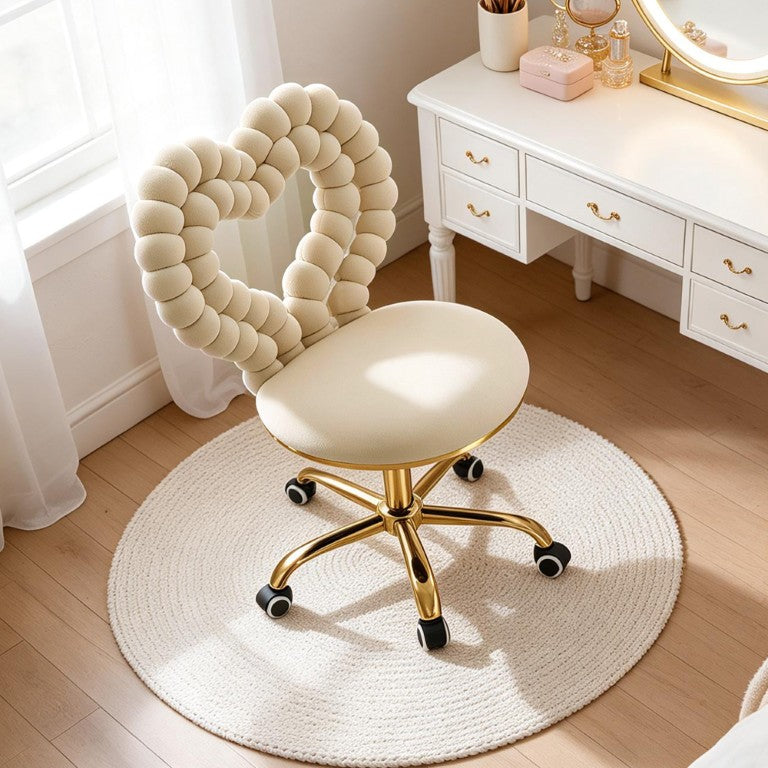 English Elm Cream Velvet Swivel Vanity Chair Heart Bubble Back with Gold Base for Bedroom W3875P457589