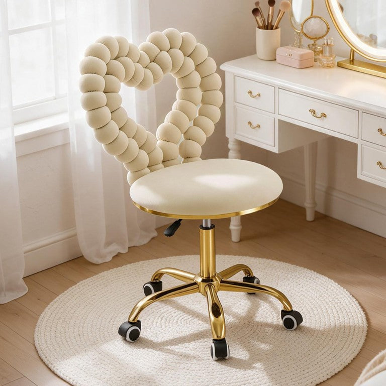 English Elm Cream Velvet Swivel Vanity Chair Heart Bubble Back with Gold Base for Bedroom W3875P457589