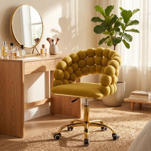 English Elm Velvet Bubble Back Swivel Vanity Chair with Gold Base for Glam Bedroom Dressing Yellow W3875P457940
