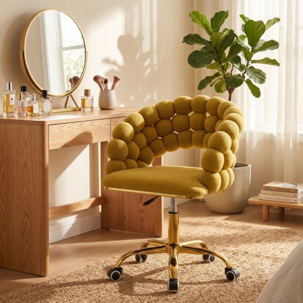 English Elm Velvet Bubble Back Swivel Vanity Chair with Gold Base for Glam Bedroom Dressing Yellow W3875P457940