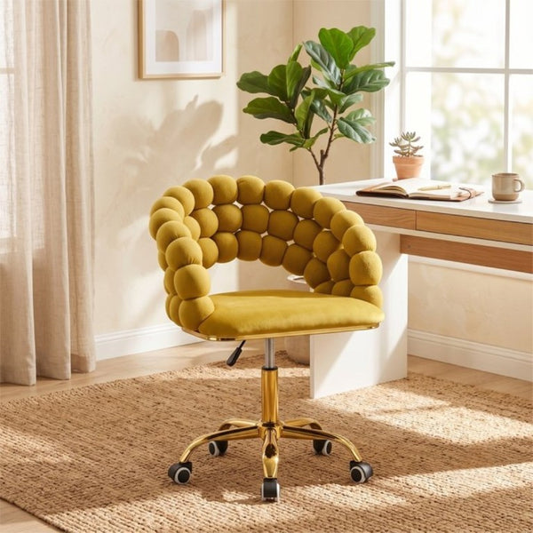 English Elm Velvet Bubble Back Swivel Vanity Chair with Gold Base for Glam Bedroom Dressing Yellow W3875P457940