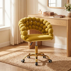 English Elm Velvet Bubble Back Swivel Vanity Chair with Gold Base for Glam Bedroom Dressing Yellow W3875P457940