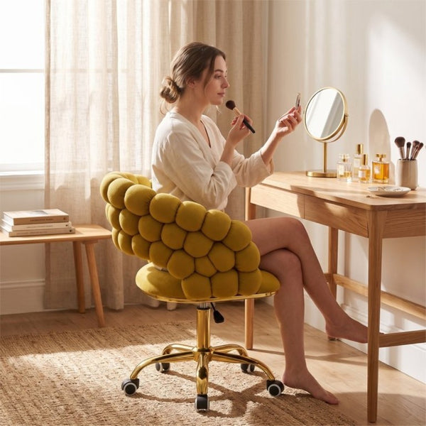 English Elm Velvet Bubble Back Swivel Vanity Chair with Gold Base for Glam Bedroom Dressing Yellow W3875P457940